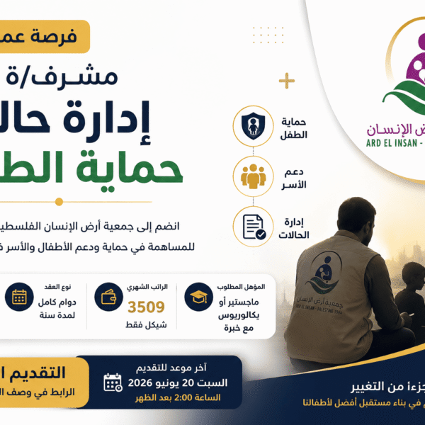 وظيفة مشرف إدارة حالة حماية الطفل في غزة براتب 3509 شيكل لدى جمعية أرض الإنسان